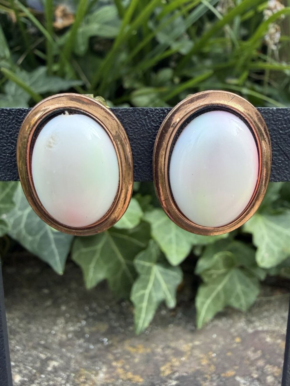 Vintage Copper White Faux Opal Oval Clip On Earrings Opalescent Cabochon Frame